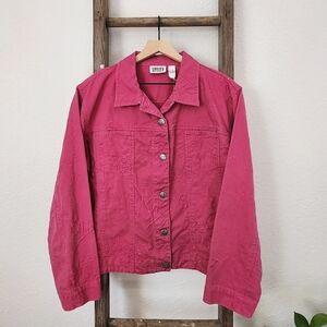 Pink vintage denim jacket with positive word stitching